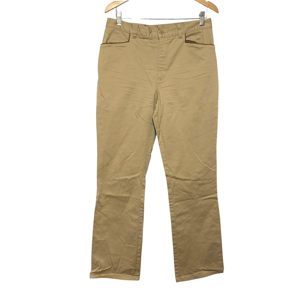 Lauren Ralph Lauren Khaki Chinos Tan Straight‎ Leg Pants Leather Trim Size 10